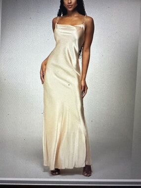 NWT CHAMPAGNE BEBE X Ciara Satin Maxi DRESS GOWN CHAIN STRAPS sz Small
